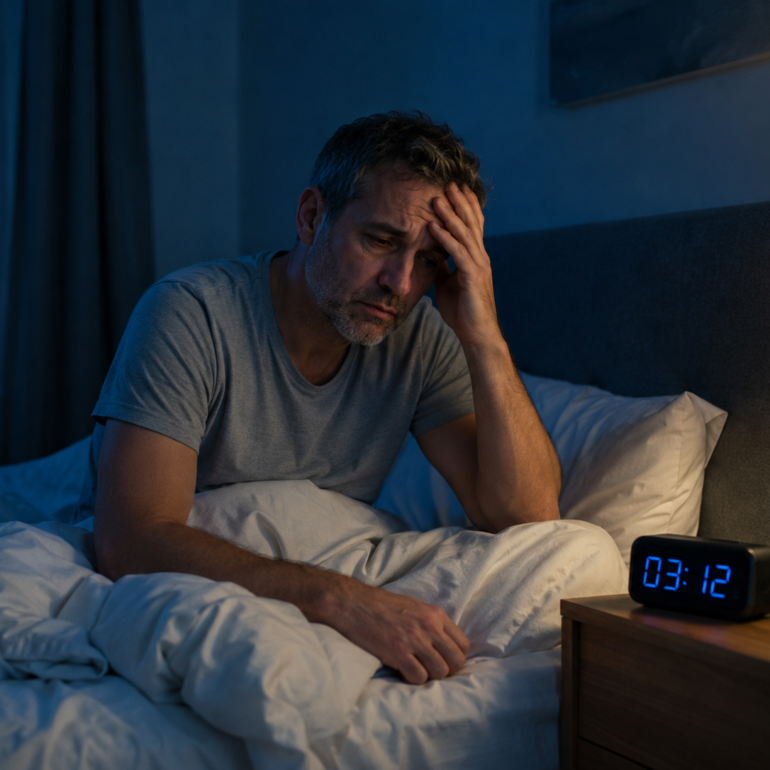 Uomo sveglio a letto di notte per i disturbi del sonno